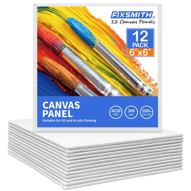 FIXSMITH Canvas Boards for Painting 6x6 Inch, Super Value 12 Pack White Blank Canvas Panels, 100% Cotton Primed, Painting Art Supplies for Professionals, Hobby Painters, Students & Kids - Image 1